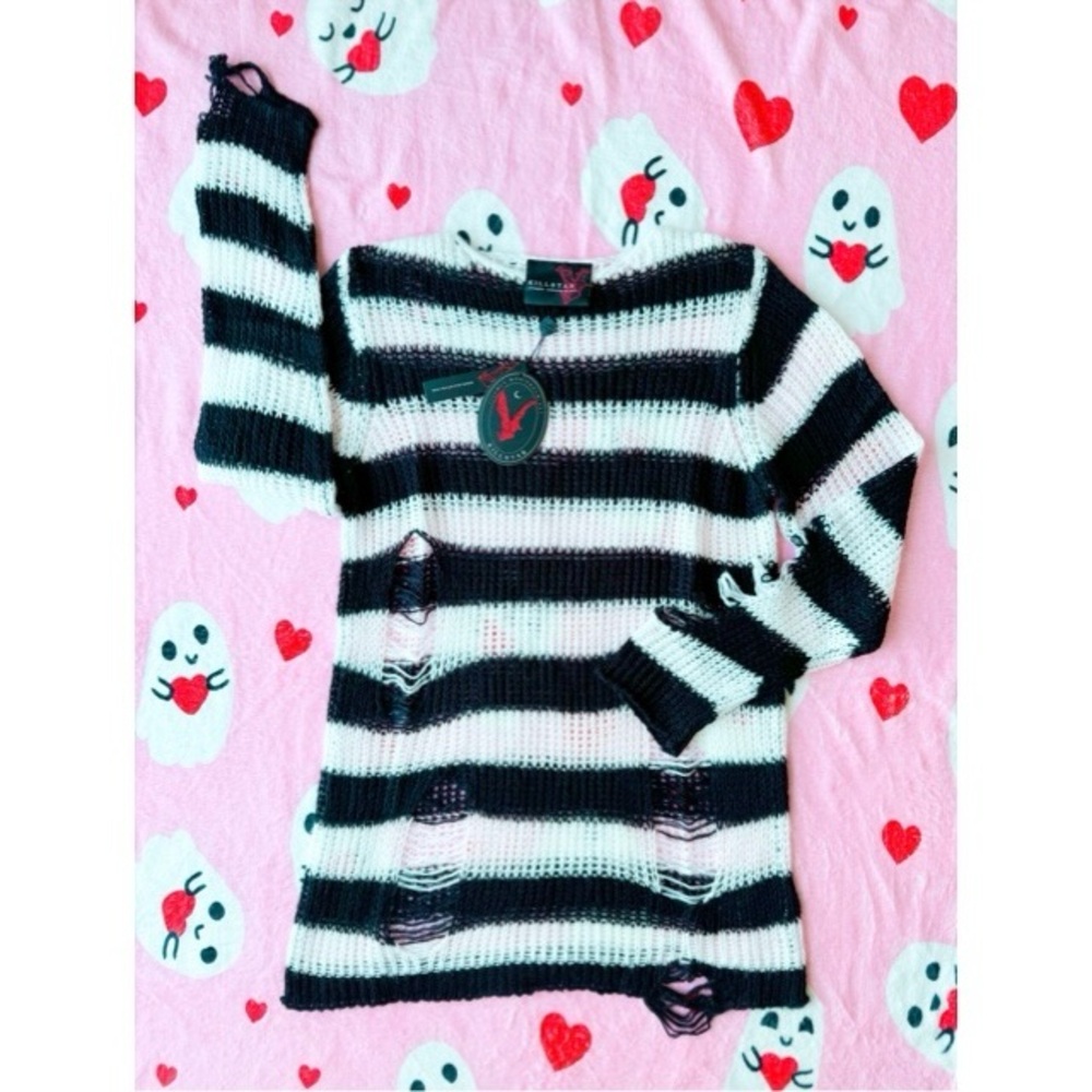 nwt killstar emo knit sweater in black white stripe unisex xs $53 distressed